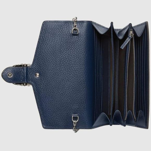 Gucci Chain Wallet Blue Silver Crystal Tiger Head Leather - Picture 6 of 7